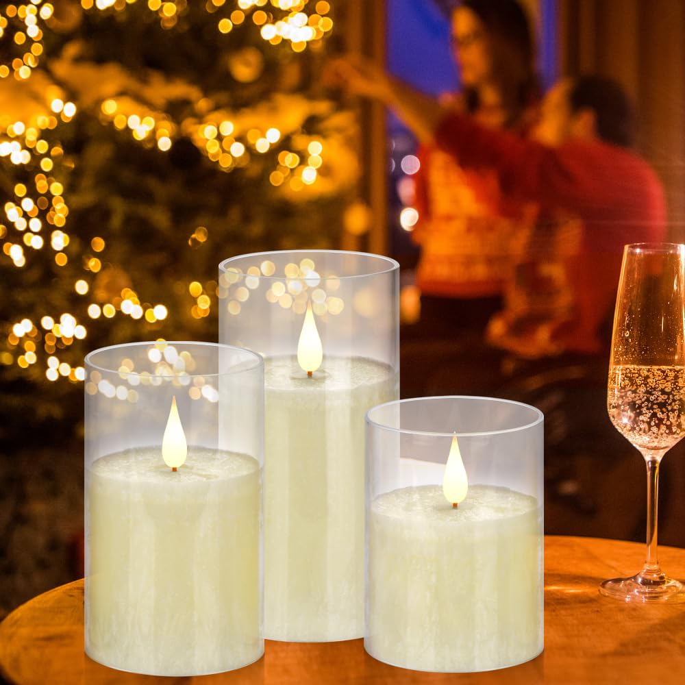 Flameless Flickering Remote Control Candle, Glass Pillar Candle,3 Pack (D:3"×H:4" 5" 6") LED 3D Flame Romantic Candle,Battery Operated Real Wax, Ideal for Wedding, Home Decor Holiday (Ivory)