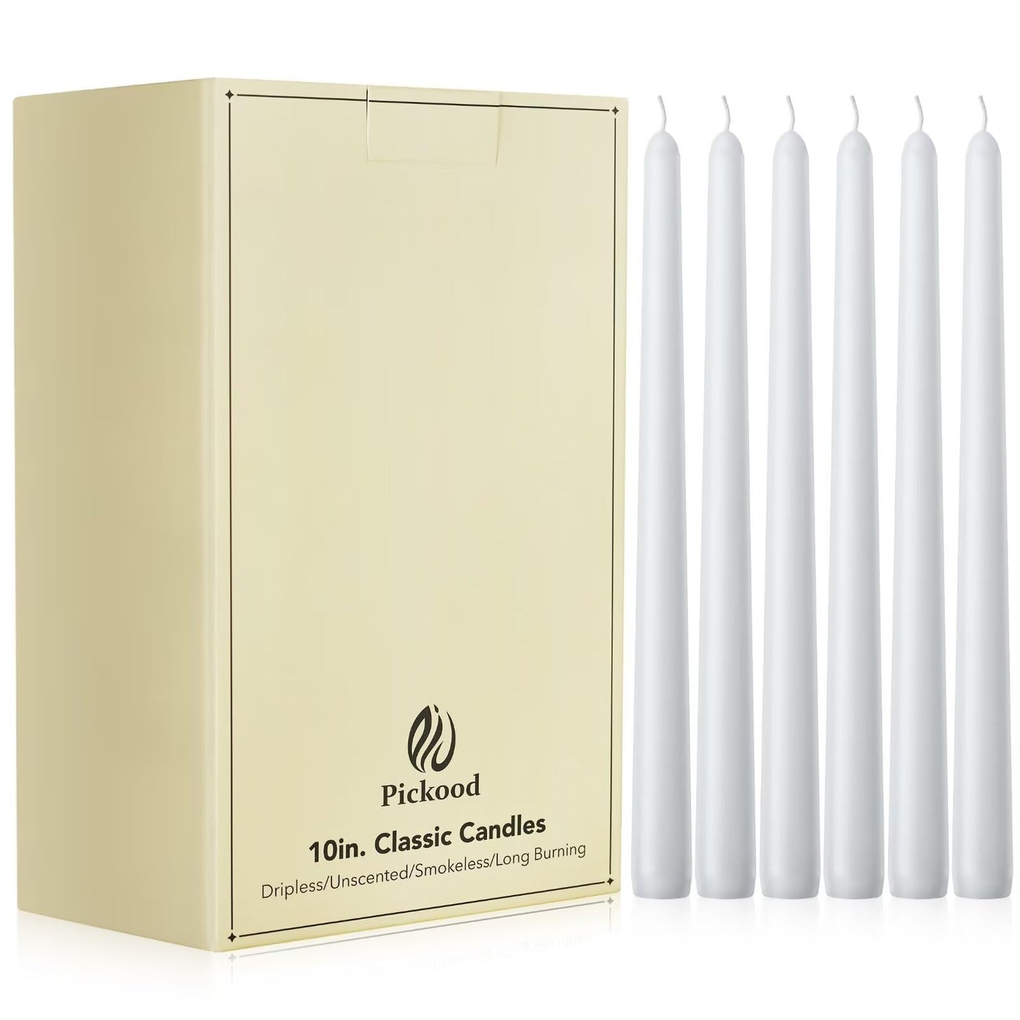 Pickood 10-Inch Tall Unscented Dripless Taper Candles Bulk 30 Pack - White Taper Candles Bulk, Perfect for Wedding, Dinner - Smokeless, 6-8 Hour Long Burning - Colored Candlesticks Bulk - White
