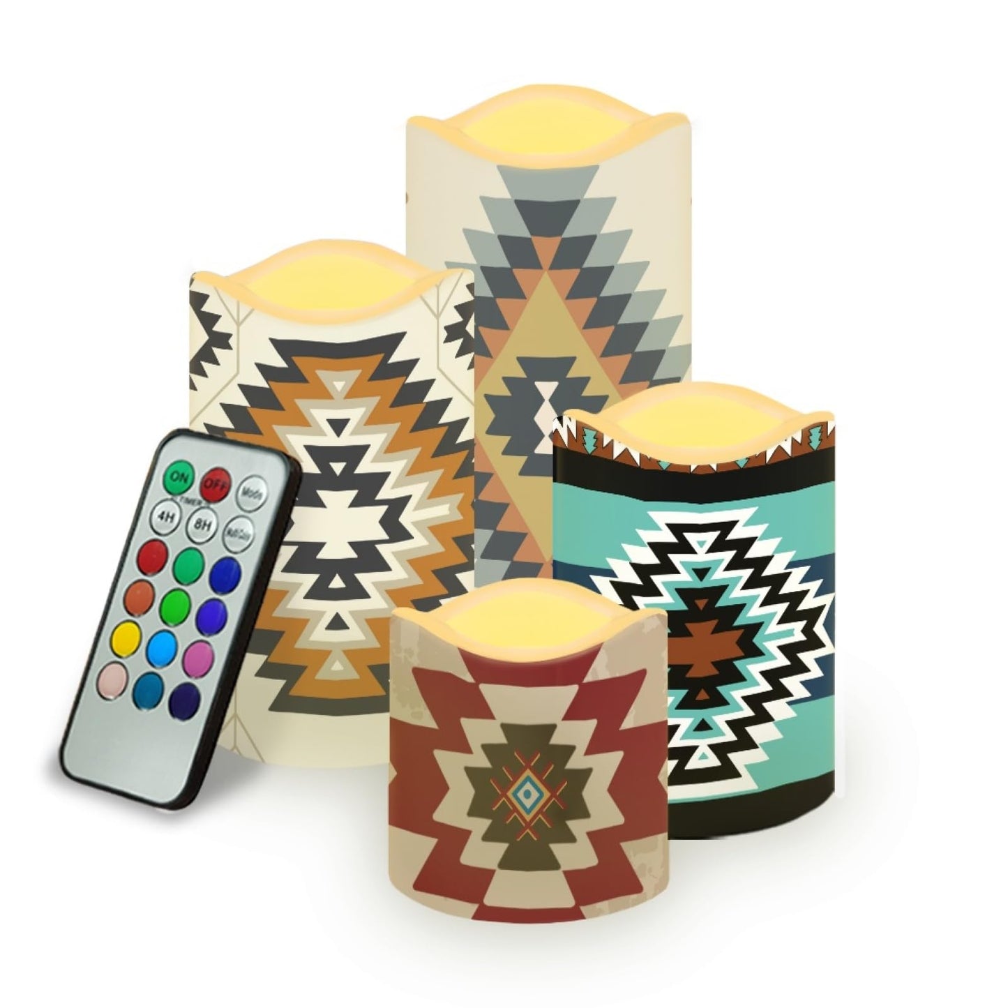 Psesaysky Aztec Flameless Candles Fake Pillar Candles LED Battery Operated Flameless Candles with Remote Color Changing & Timer Ambient Lighting 4 Packs
