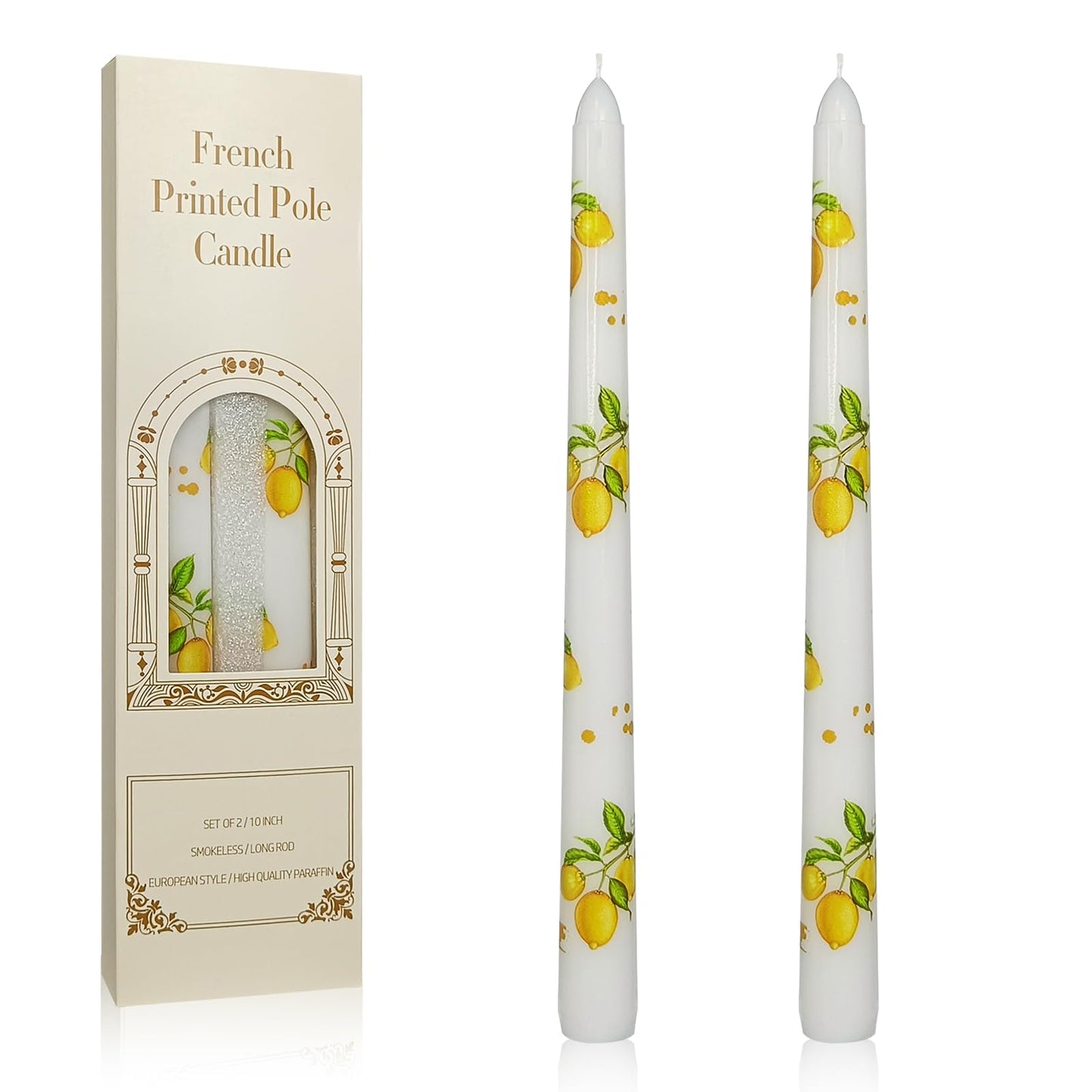 Floral Taper Candles 10 Inch Tall Unscented Handmade White Lemon Print Long Burning Elegant Candlesticks for Wedding Dinner Home Decor