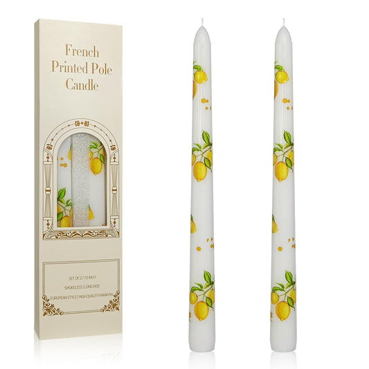 Floral Taper Candles 10 Inch Tall Unscented Handmade White Lemon Print Long Burning Elegant Candlesticks for Wedding Dinner Home Decor