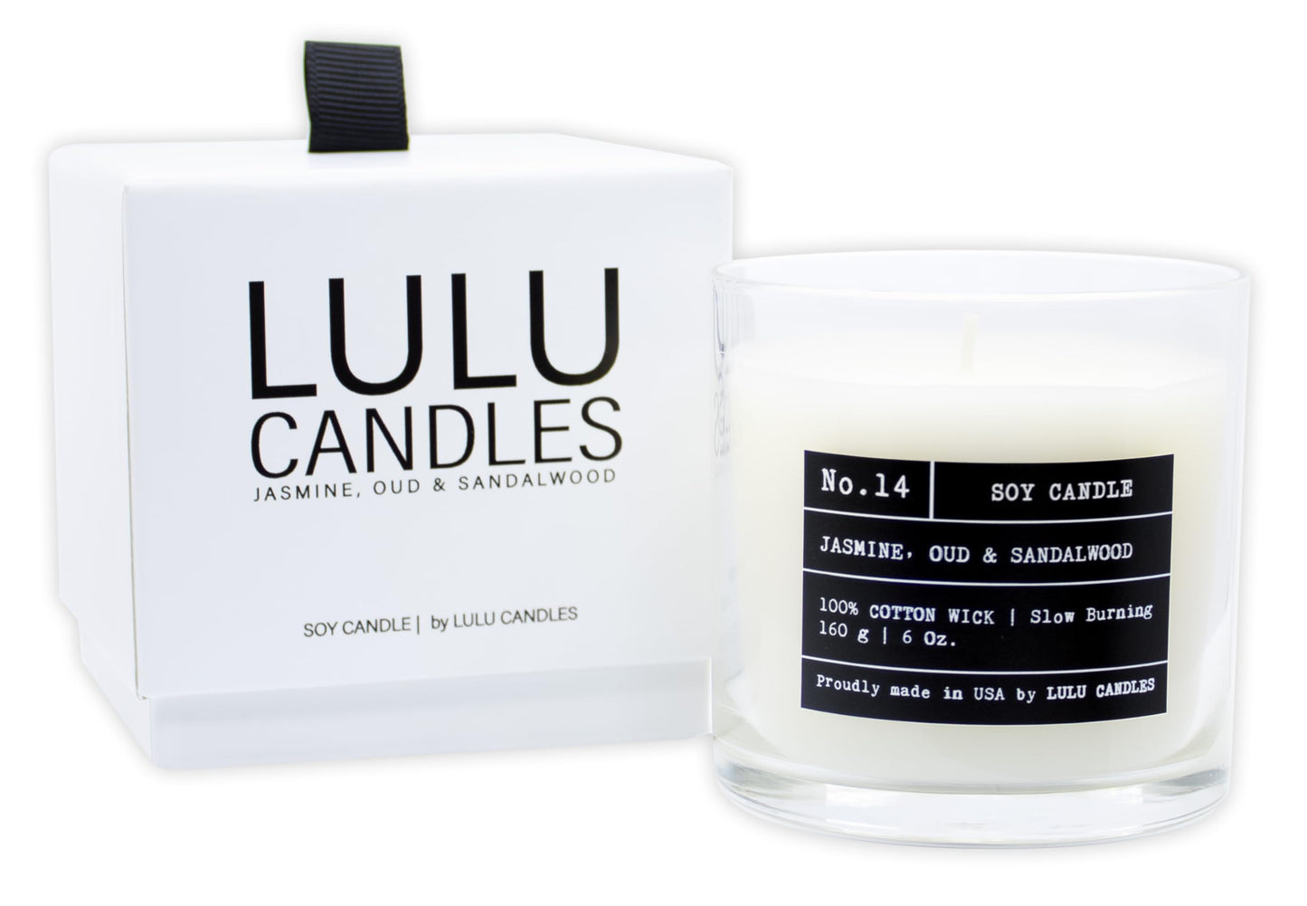 Lulu Candles | Jasmine, Oud & Sandalwood | Luxury Scented Soy Jar Candle | Hand Poured in The USA | Highly Scented Long Lasting (6 Oz. Gift Box)