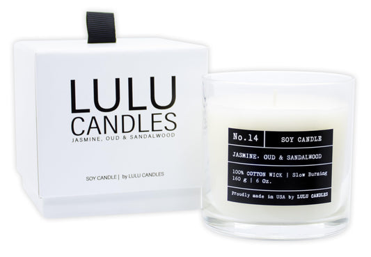 Lulu Candles | Jasmine, Oud & Sandalwood | Luxury Scented Soy Jar Candle | Hand Poured in The USA | Highly Scented Long Lasting (6 Oz. Gift Box)