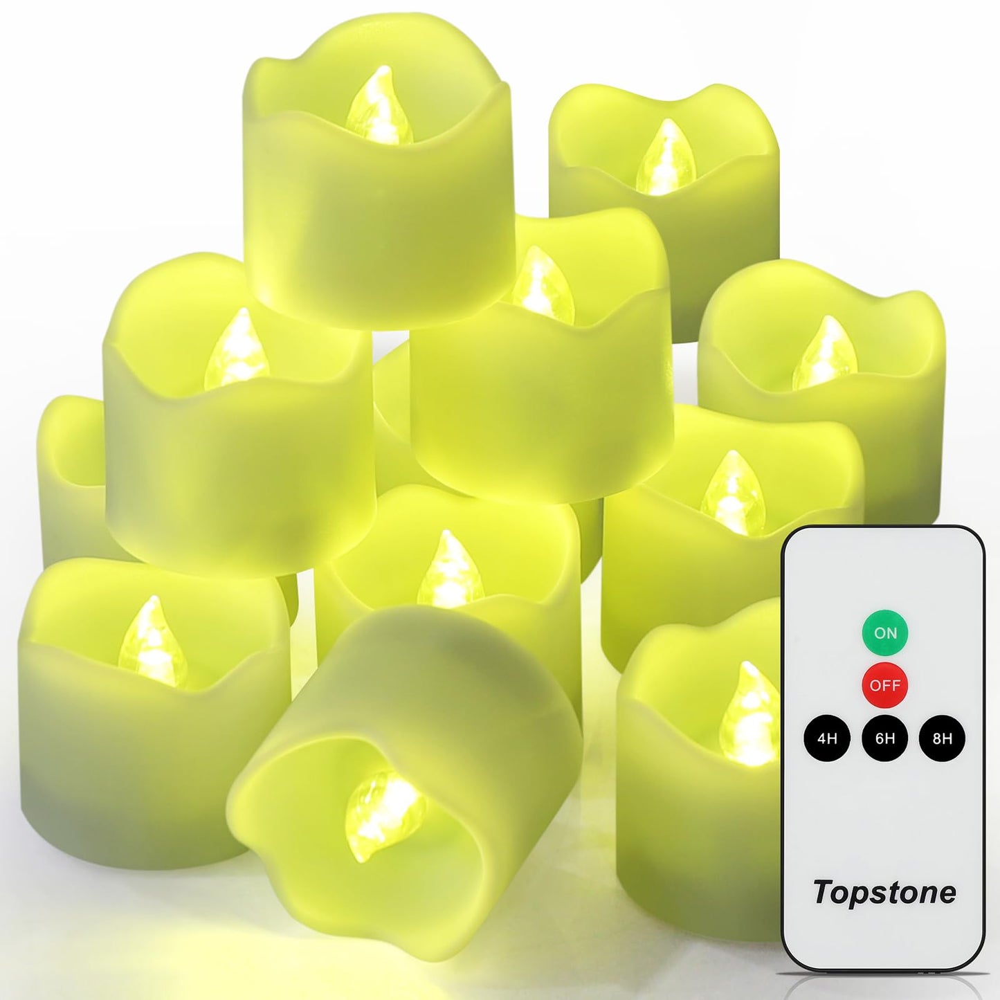 Topstone Green Remote Control Flameless Tealight Candles,CR2450 Battery Powered Votive Candles with Timer,Electric Fake Candle for Home, Christmas Decoration,Pack of 12