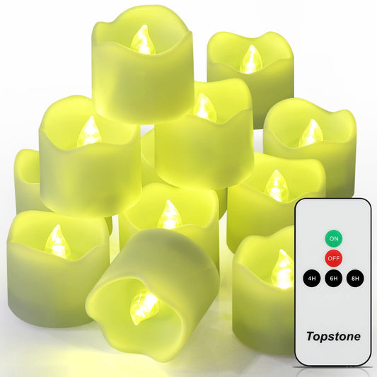 Topstone Green Remote Control Flameless Tealight Candles,CR2450 Battery Powered Votive Candles with Timer,Electric Fake Candle for Home, Christmas Decoration,Pack of 12