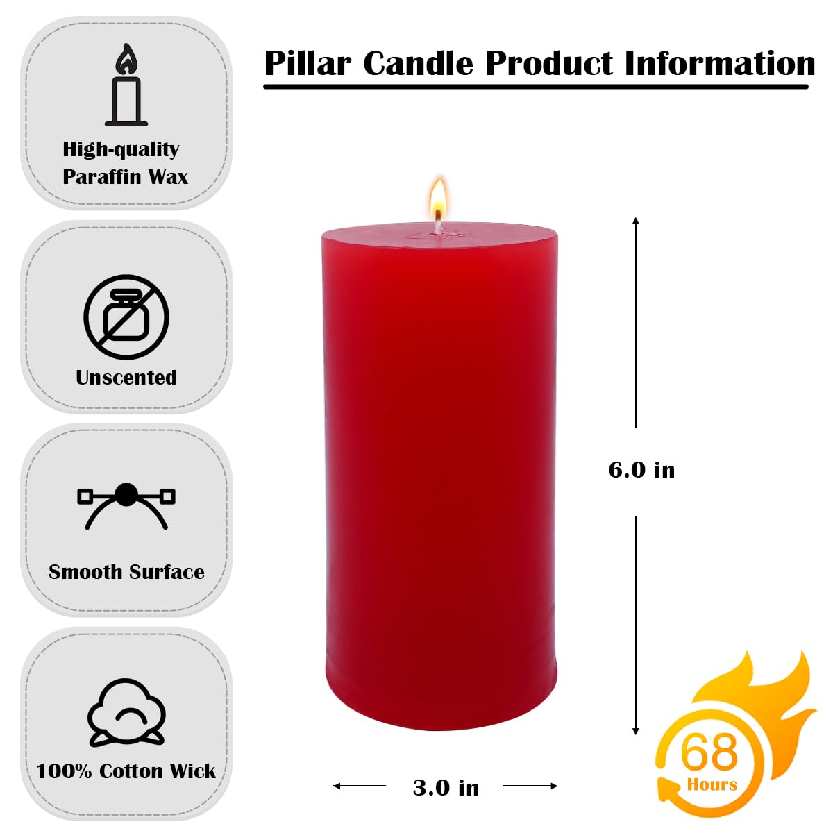 3 Pack 3x6 Inch Red Pillar Candles for Romantic Valentine's Day and Christmas, Unscented Column Candle for Home Restaurants, Smokeless Dripless and Clean Burning Emergency Candle