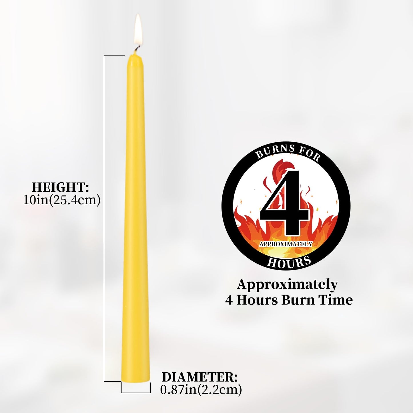 KONNI 0.87×10 Inch Yellow Taper Candles, Unscented and Smokeless Tall Candlesticks, 10 Pack Tapered Candles with Cotton Wicks, Long Burning, Ideal for Weddings, Dinner Parties, and Home Décor