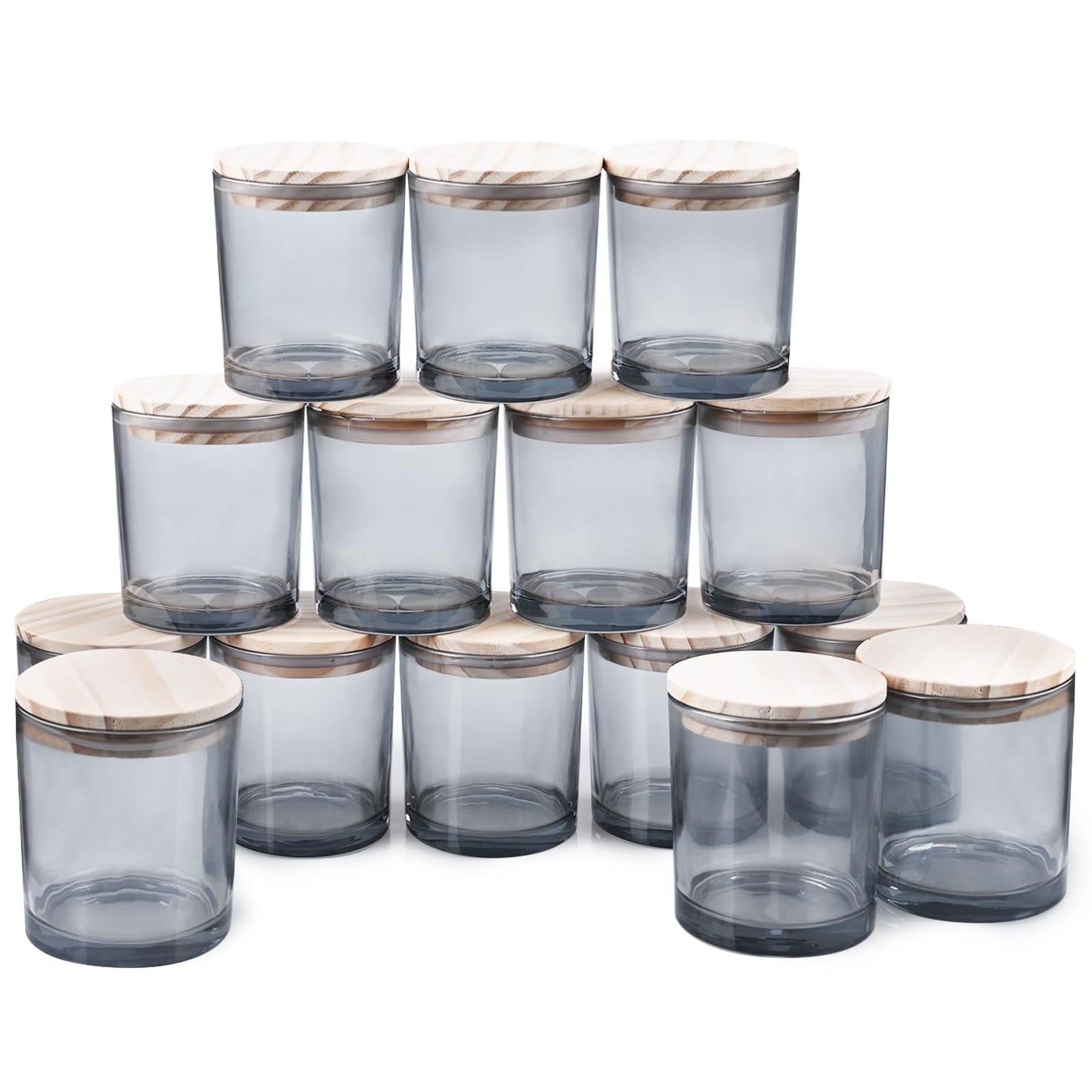 SHOWIN 10 OZ Thick Candle Jars for Making Candles 15 Pcs, Empty Jars with Wood Lids for Candle Making, Sample Container, Grey