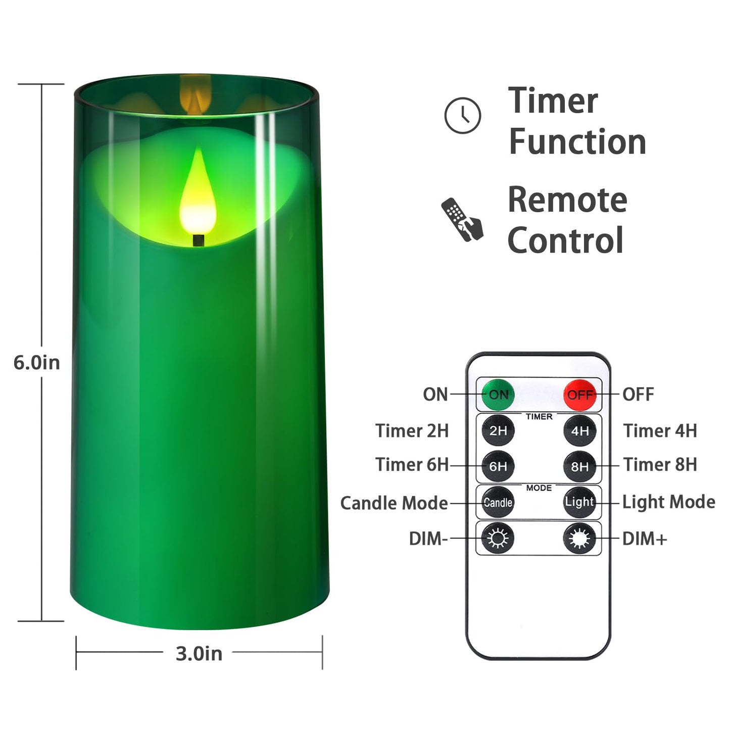 NURADA 3"x6"Flickering Flameless Candles: 3D Wick Acrylic Battery Operated LED Pillar Candles with Remote and Timer for St. Patrick's Day Home Holiday Forest Christmas Party Table Decor - Green