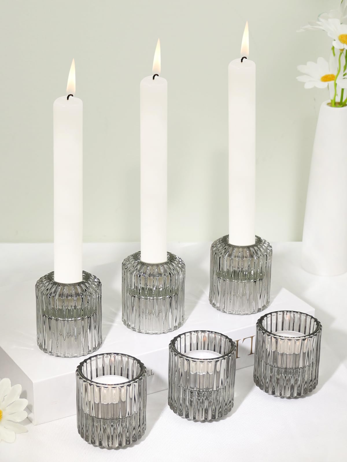 CHOCSTAY Reversible Gray Glass Candle Holder Set of 6, Thick Heat-Resistant Glass Candlestick Holders for Taper, Tealight, Votive, LED Candles, Perfect for Wedding, Party, Home Décor