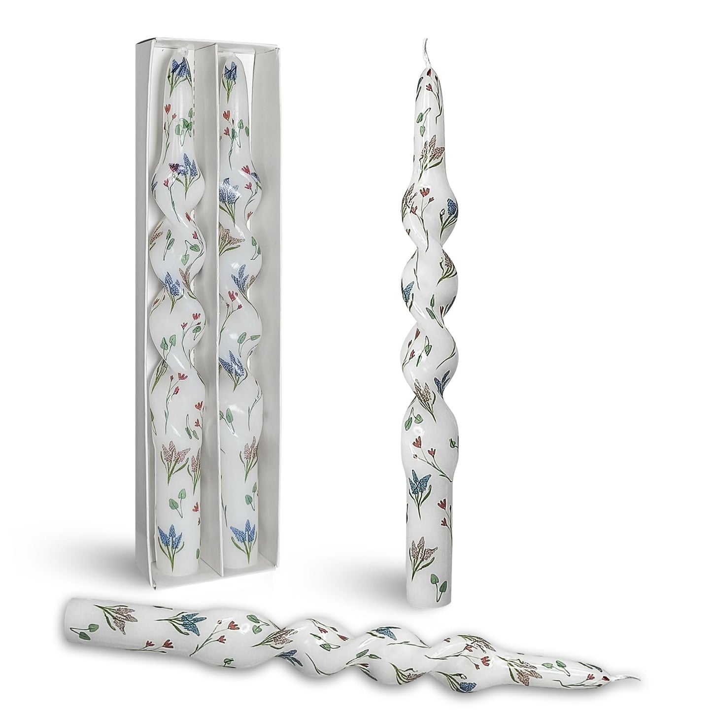 Printed Candlestick Floral Candle Sticks Spiral Taper Candle Long Twisted Candlesticks 10 Inch Hyacinth Tapered Candles for Home Wedding Holiday Party Set of 2