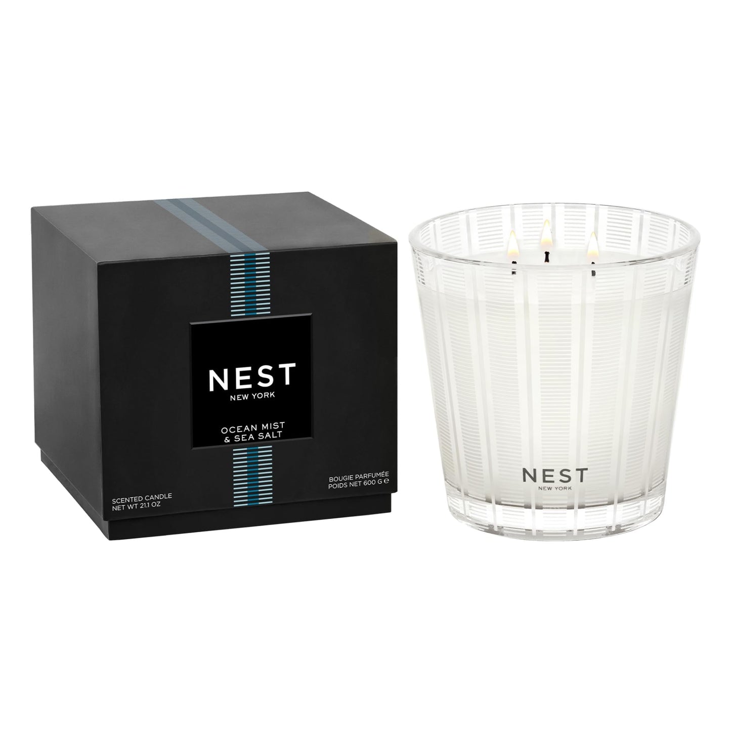 NEST New York Scented 3-Wick Candle, Ocean Mist & Sea Salt - 21.2 oz - Up to 100-Hour Burn Time - Reusable Glass Vessel