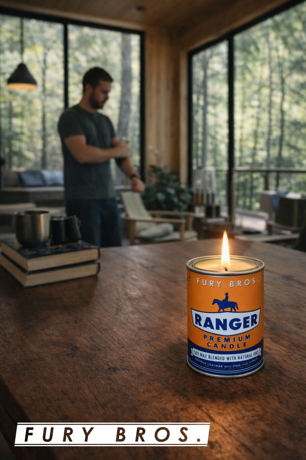Fury Bros. Scented Candles for Men | Ranger | Saddle Leather Pine Citrus | Natural Soy Wax | Hand-Poured in the USA | Long 70-80 Hour Burn (12.5 oz) | Vintage-Inspired Tin Design | Dad Home Gift
