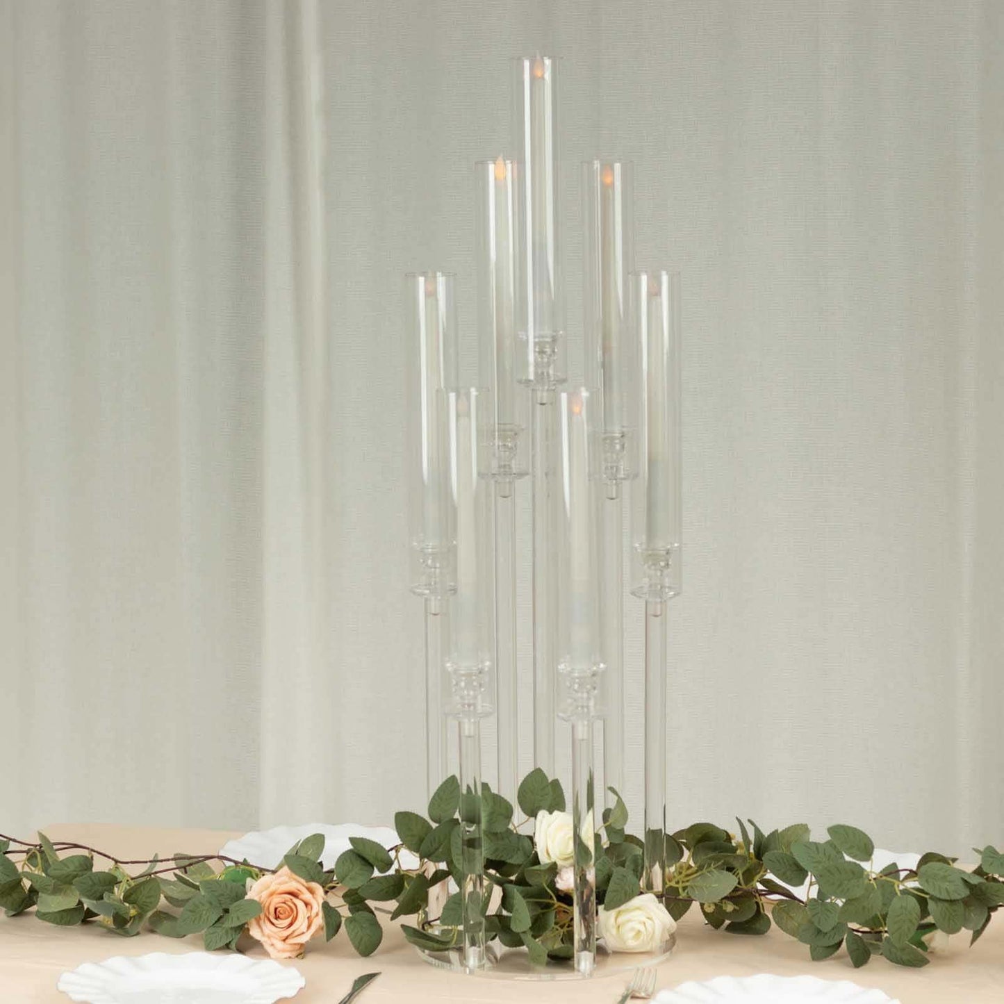 Efavormart 7 Arm Clear Acrylic Cluster Round Taper Candle Holder Candelabra, Pillar Candle Stick Stand with Circular Base - 33" Tall