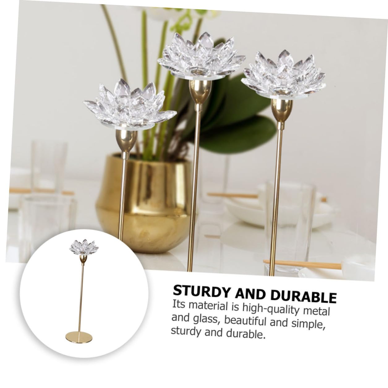 KICHOUSE Metal Crystal Lotus Candlestick Holder Small Gold, Simple Decorative Candle Stand for Wedding and Romantic Home Décor