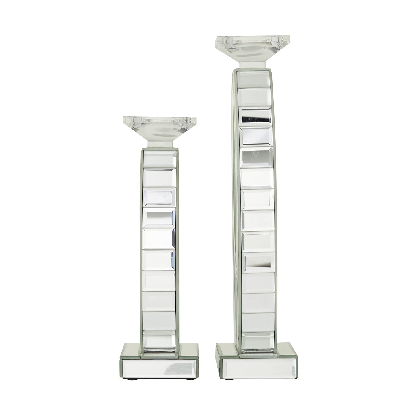 Deco 79 Glass Decorative Candle Holder Pillar Candle Stand with Mirrored Accents and Crystals, Set of 2 Candlestick Holder 17", 13" H, Silver