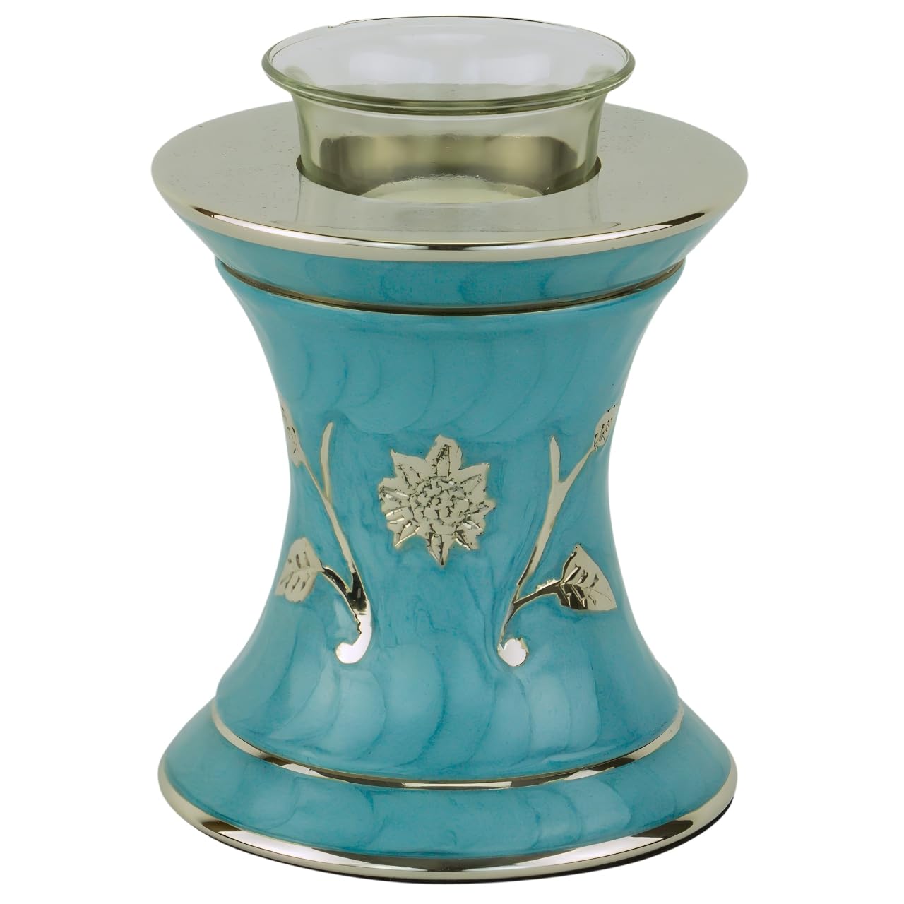 Grace Turquoise Tealight Cremation Urn for Ashes, Brass Memorial Candle, Blue Green, Extra Small Size, 5.5 Inches High
