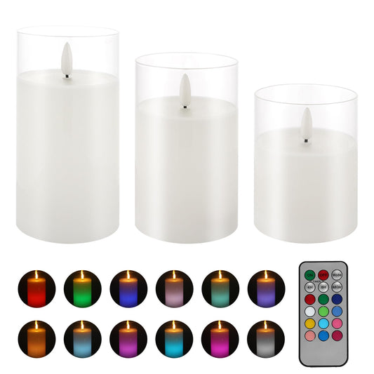 HJANDHJ Color Changing Flameless Candle - Glass Flameless Candles with Timer, Battery Operated Candles with 18-Key Remote, Flickering LED Pillar Candles for Wedding/Christmas/Home Decor (Multicolor)
