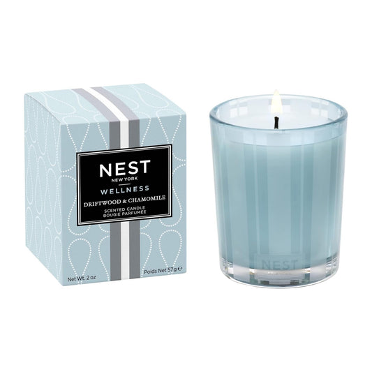 NEST New York Scented Votive Candle, Driftwood & Chamomile - 2 oz - Up to 28-Hour Burn Time - Reusable Glass Vessel