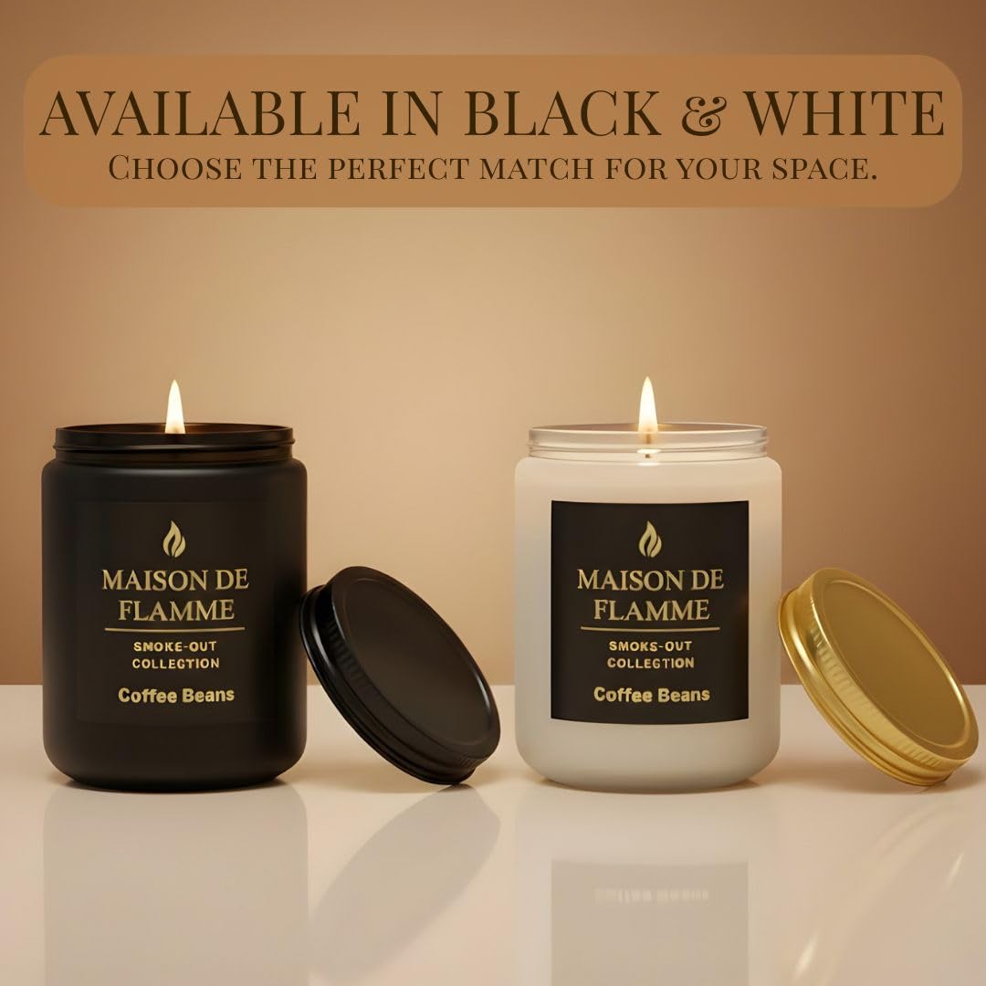 MAISON DE FLAMME Coffee Beans Odor-Eliminating Scented Candle, 200g/7oz White Jar – Long-Lasting Soy Wax Blend Candle for Smoke, Kitchen & Home Odors