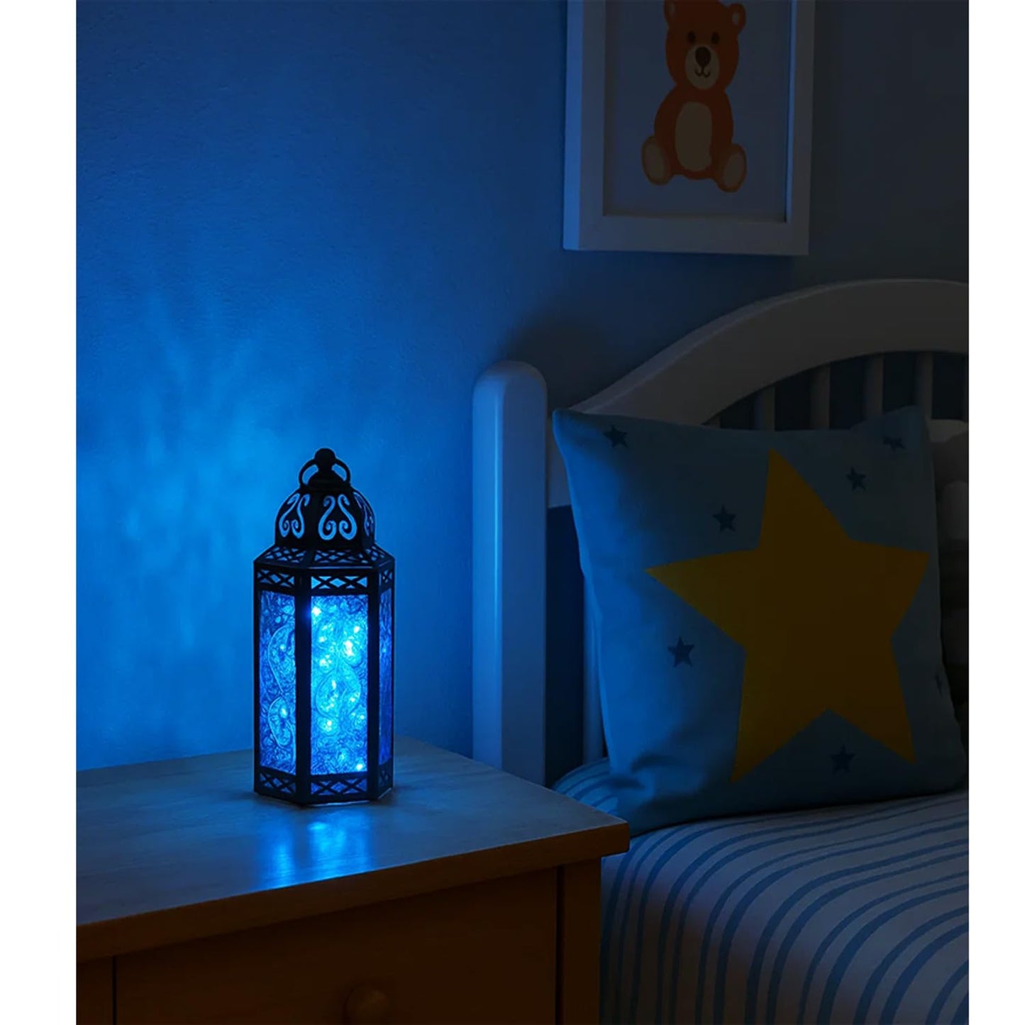 Vela Lanterns Decorative Indoor Moroccan Candle Holder & LED Fairy Lights -Twinkle Turkish Lamp, Fantasy Home Decor Table Centerpieces, Hanging Outdoor Patio Porch Wedding Ramadan (10.5", Blue)
