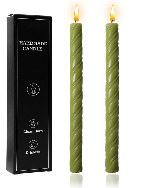 10in Spiral Taper Candles Set of 2 Pack Striped Tapered Candle,Decorative Threaded Candle for Dinner Party Wedding,Kitchen Decors,Christmas,Halloween (2, Roman Column Green, 10in)