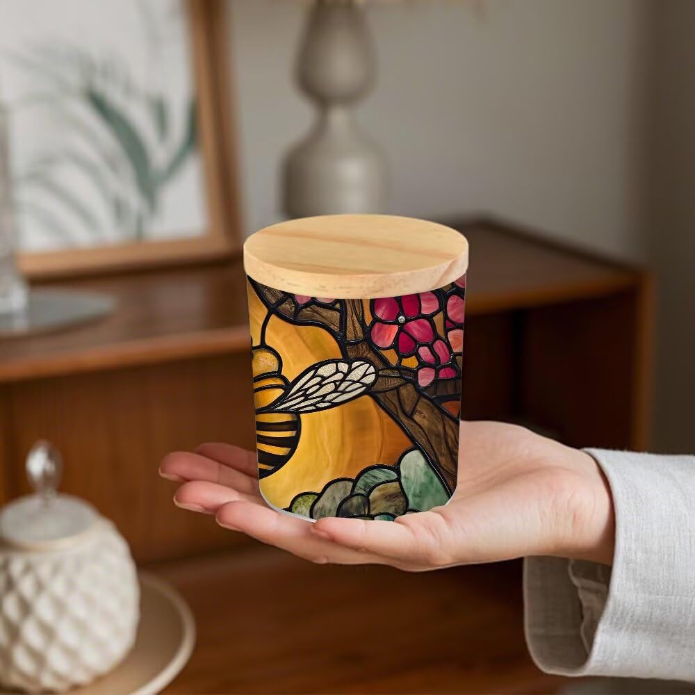 Stained Glass Farmhouse Bees Tea Light Candle Holders, Hearts Tealight Candle Holder Jar with Wooden Lid, Floral Votive Candlesticks for Table Centerpieces, Christmas,Birthday Party