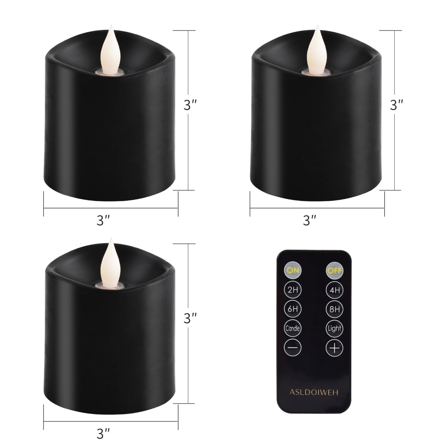 ASLDOIWEH 3x3 Flickering Flameless Candles Set of 3, 2AA Battery Life 600 Hours Battery Candles Flickering with Timer, 3 inch Flameless Candles with Remote for Indoor/Outdoor, Black