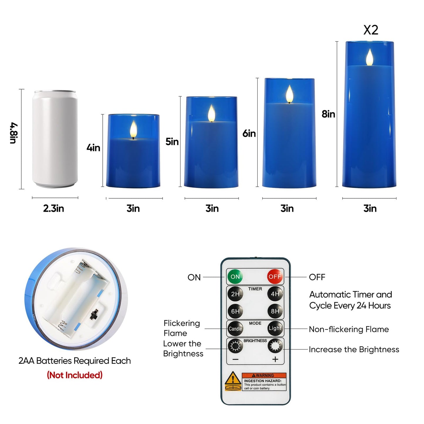 Raycare Independence Day Flameless Candles Battery Operated with Remote Timer, Acrylic Flickering LED Pillar Candle for 4th of July Home Patriotic Decor, Gift for Family and Friend, Blue, Set of 5