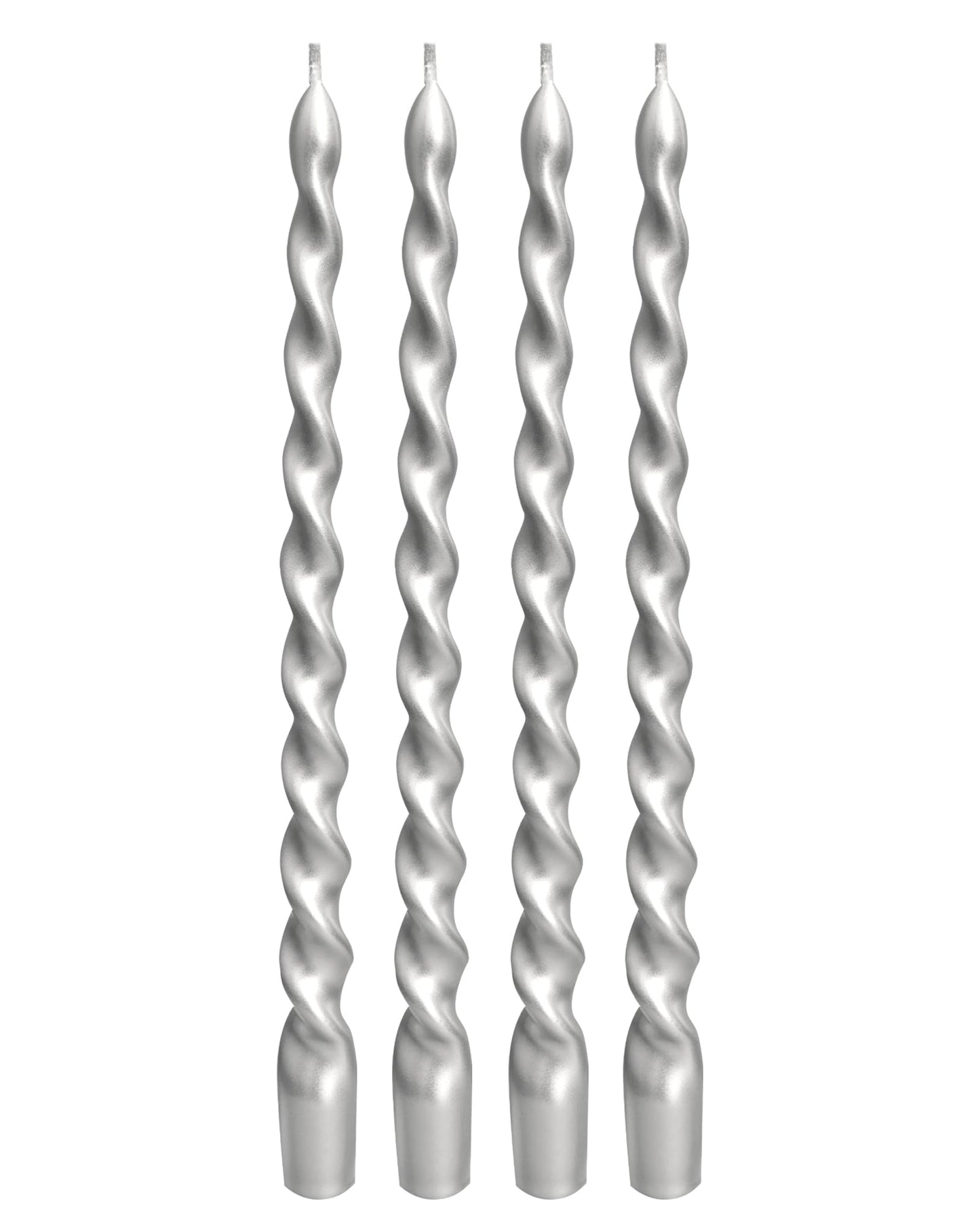 Viyffo Spiral Taper Candles 12 Inch – 4 Pack Silver, Dripless, Unscented, Smokeless – 9 Hour Burn – Tall Candlesticks for Wedding, Dinner, Holiday, Party, Home Decor