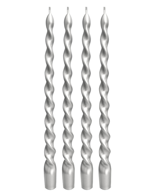 Viyffo Spiral Taper Candles 12 Inch – 4 Pack Silver, Dripless, Unscented, Smokeless – 9 Hour Burn – Tall Candlesticks for Wedding, Dinner, Holiday, Party, Home Decor