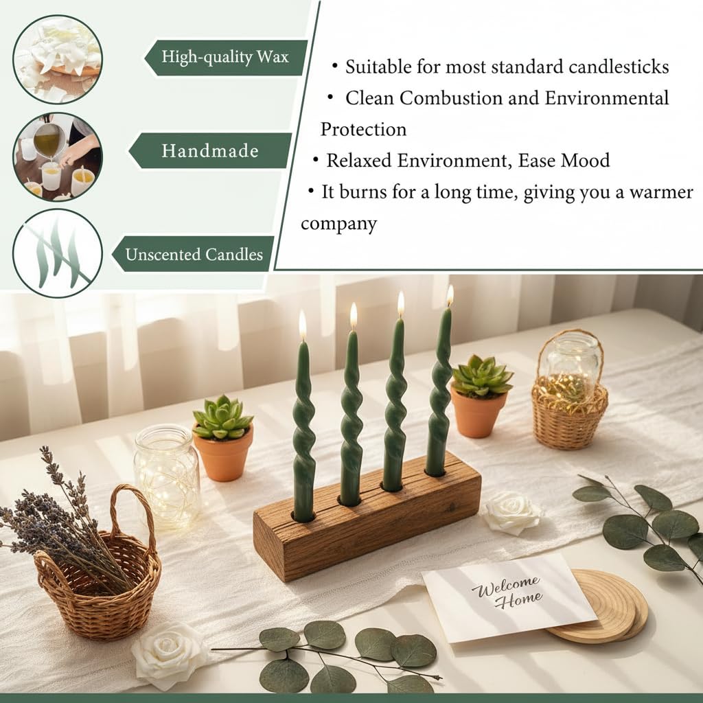 Spiral Candle Unscented Taper Candles Sticks Dark Green 10 inch Tall Tapered Candles 4 PCS Smokeless Twisted Dinner Candle for Meditation Home Kitchen Wedding Cozy Evenings Decorations