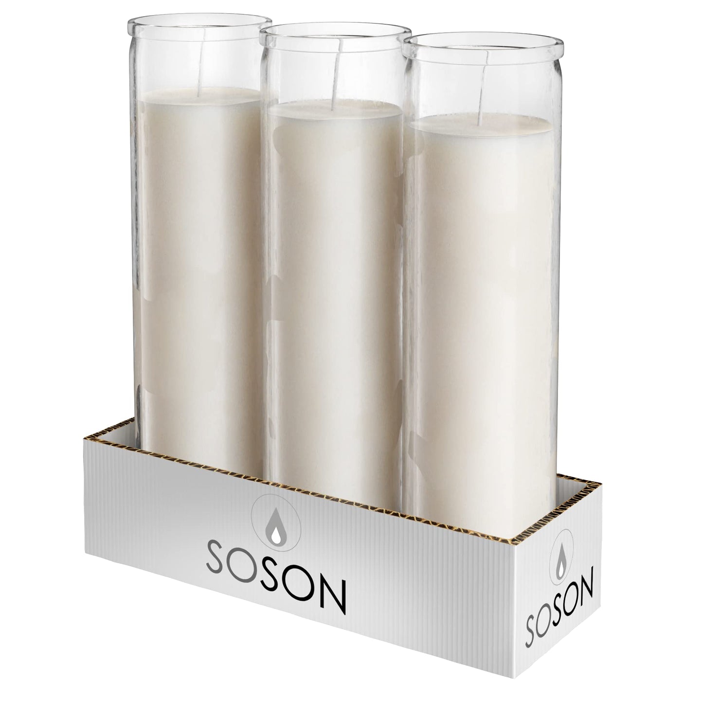 Simply Soson 2x8 inch 7 Day White Pillar Candles in Glass Set of 3, Up to 90 Hour Burn time, Unscented Prayer, Religious Candles for Memorials, Vigil, and Emergency