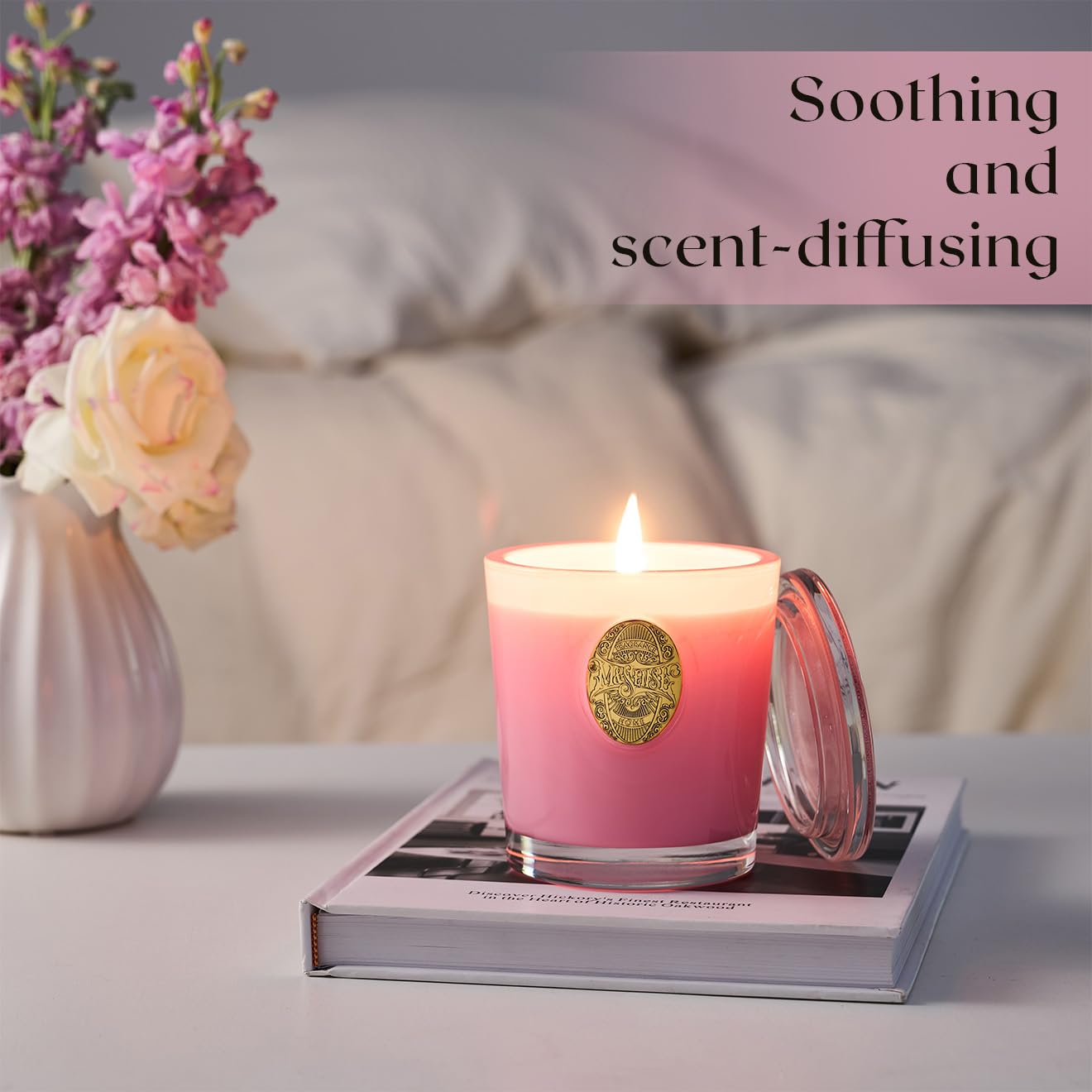 M&SENSE Peony Blush Scented Candle | 9.2 oz Soy Wax Pink Candle, Non-Toxic Aromatherapy Candle for Stress Relief & Home Spa
