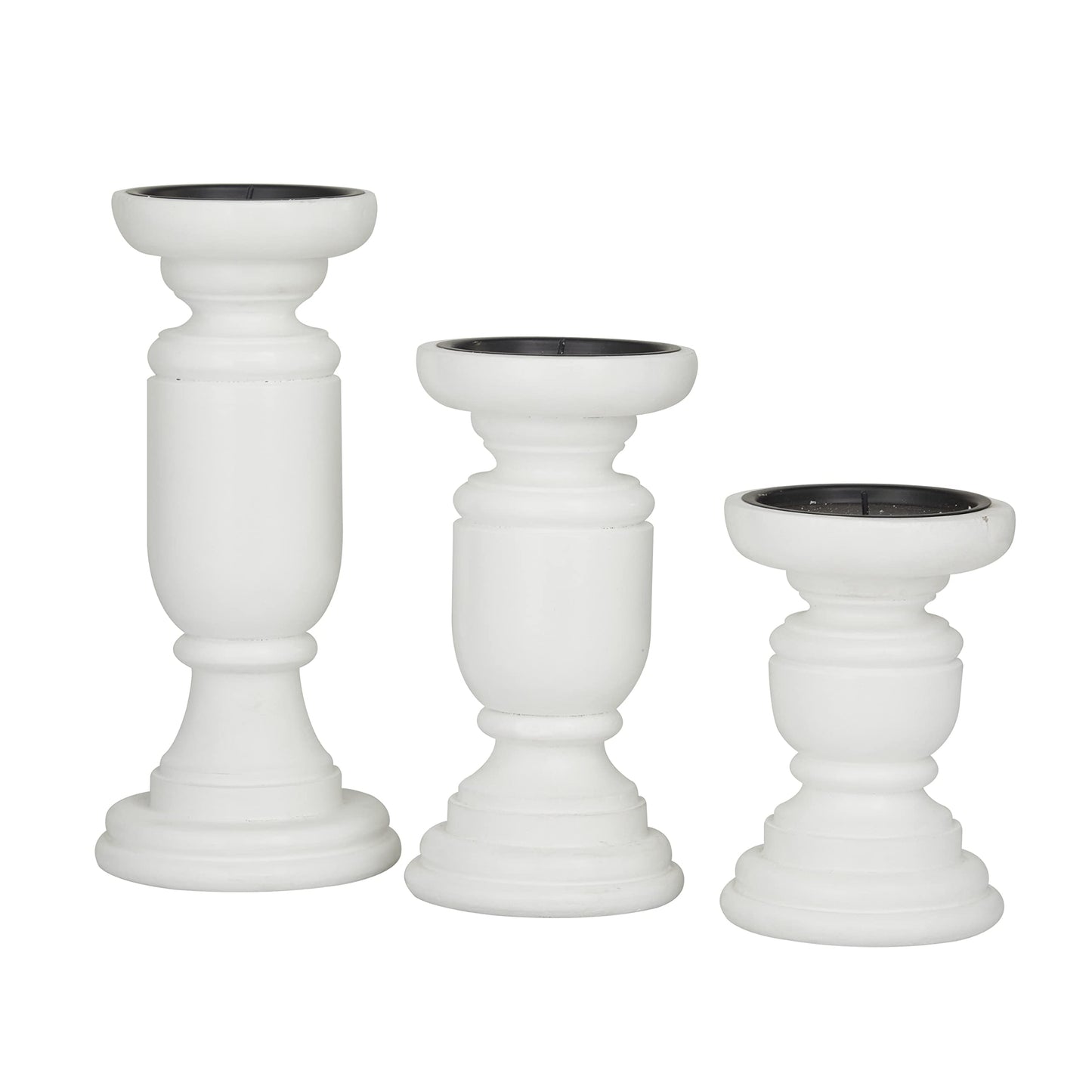 Deco 79 Mango Wood Turned Style Pillar Candle Holder, Set of 3 10", 8", 6"H, White