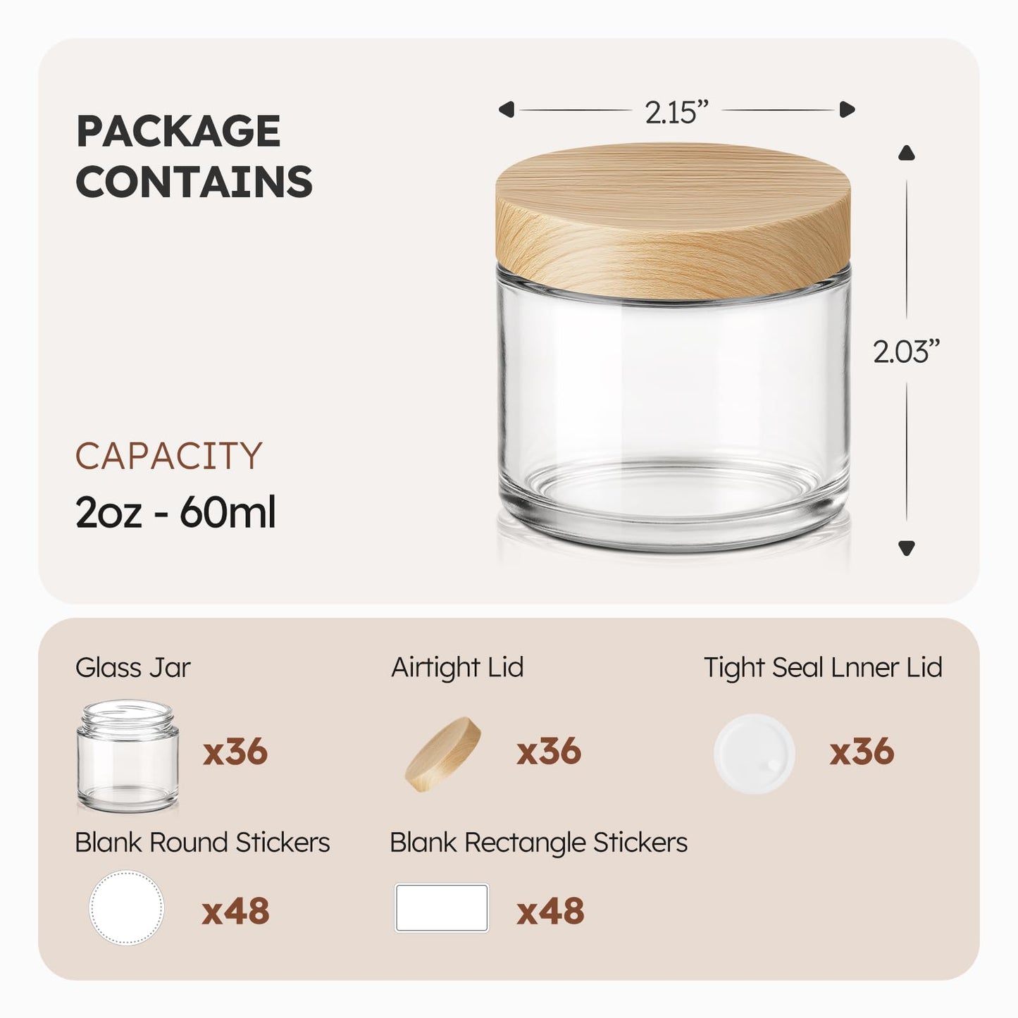 2 oz Glass Jars with Lids, 36 Pack Clear Small Glass Jars with Woodgrain Lids Leakproof Round Airtight Empty Cosmetic Travel Containers with Inner Liners for Lotions Powders and Candle Making