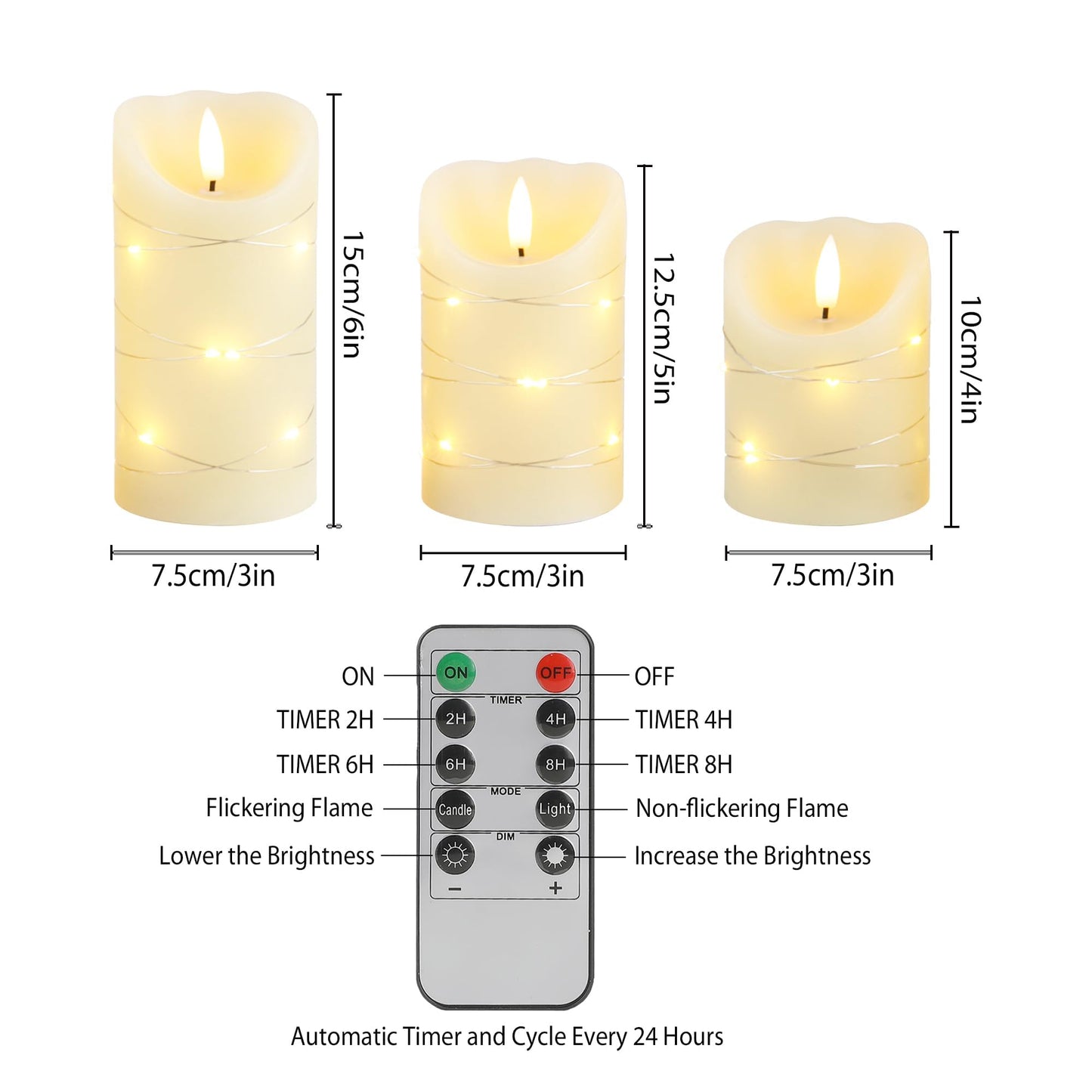 JHY DESIGN Flickering Flameless Candles Real Wax Electric with Embedded String Lights, Battery Operated Pillar LED Candles for Gift, Christmas & Home Decorations, with Remote & Timer, Set of 3(Ivory)