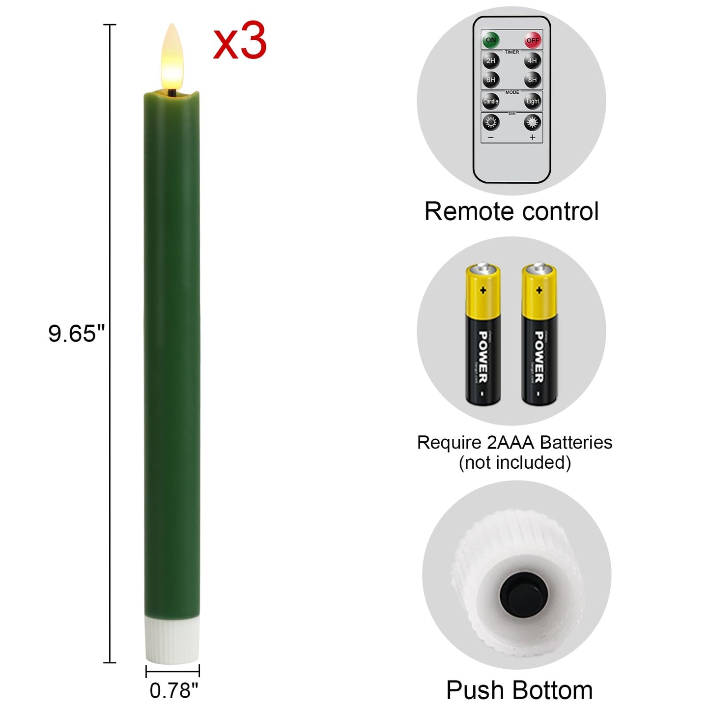 GenSwin FlamelessTaper Candles Flickering with 10-Key Remote, Battery Operated Led Warm 3D Wick Light Window Candles Real Wax Pack of 3, Christmas Home Wedding Decor(Green, 0.78 X 9.64 Inch)