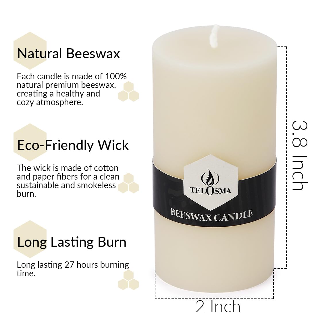 Natural Beeswax Pillar Candle 2x4 inch in Bulk, Smokeless and Long Lasting (22-27 Hours) Pure Beeswax Candle, Natural Unscented, 6 Pack - Off White