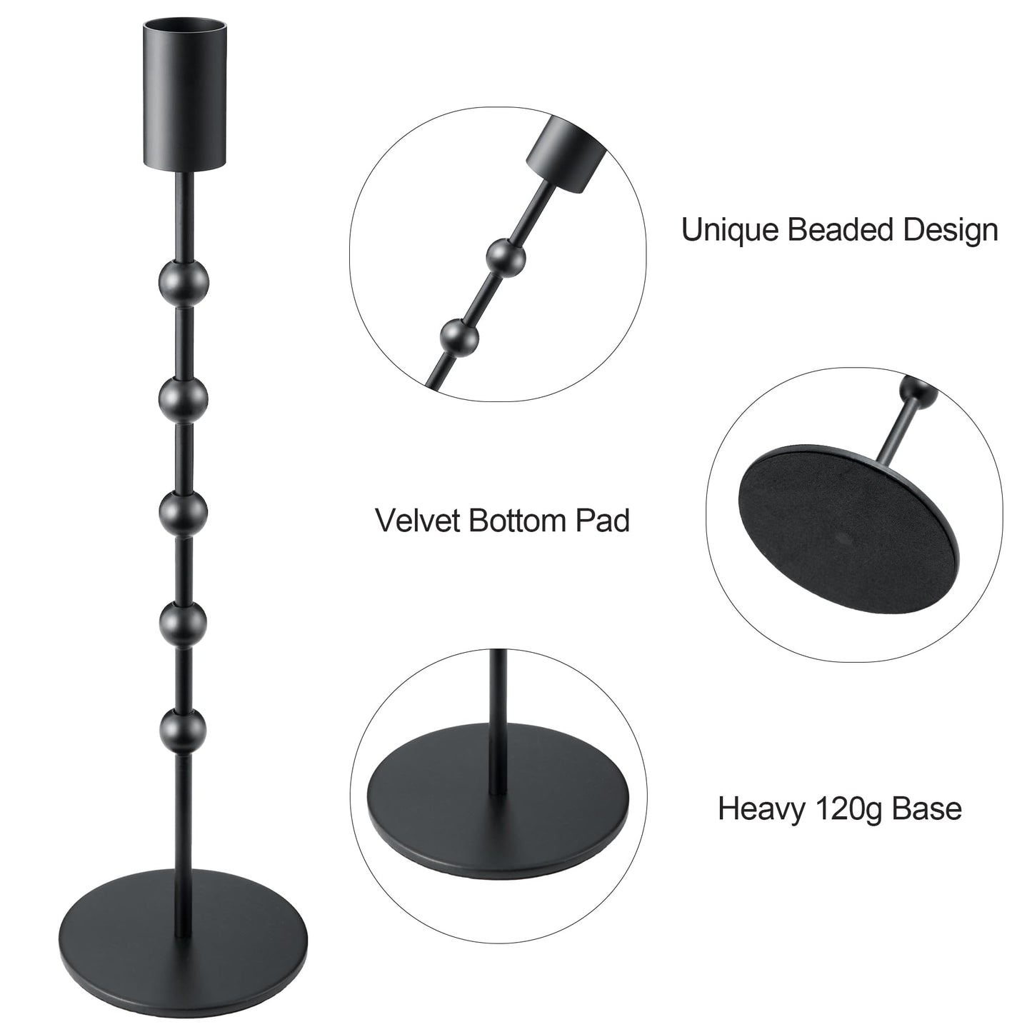 Black Candlestick Holders, Beaded Metal Taper Candle Stick Holders, Set of 3 Candle Holder for Fall Decorations, Tapered Candle Holders, Thanksgiving Table Centerpiece, Halloween Gothic Decor
