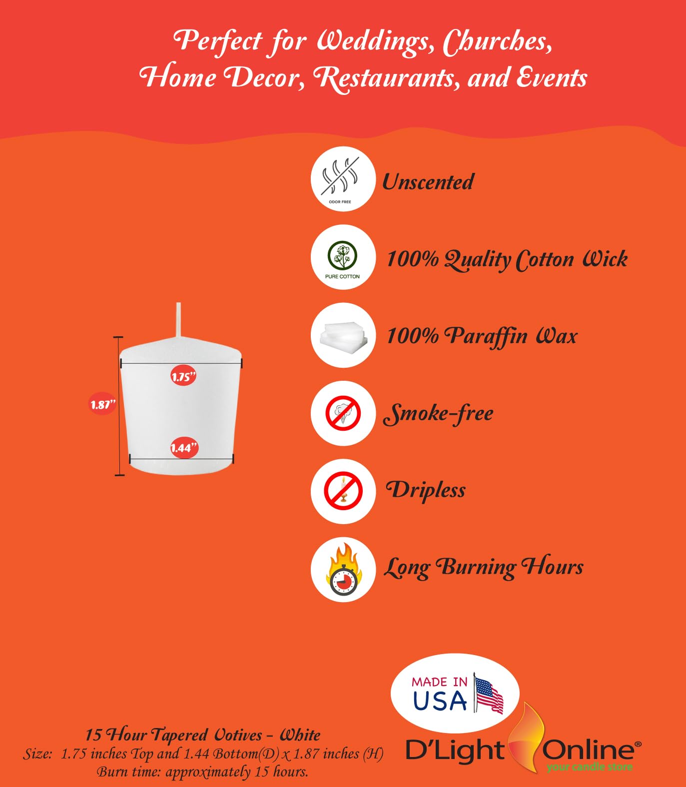 15 Hour Tapered Votives Unscented Premium - for Food Warmer, Church Candles, Home Decoration, Restaurant, Table Top Lights and Weddings (White, Tapered 15 Hour - Case of 144)