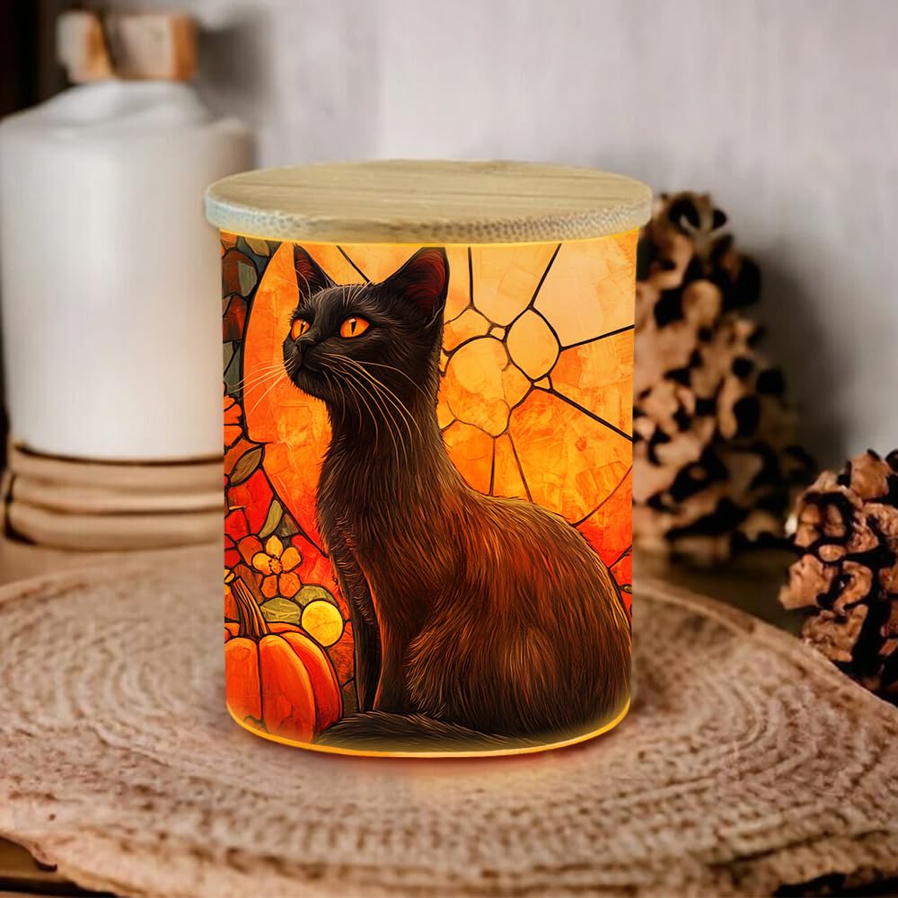Black Cat Pumpkin Stained Glass Tealight Candle Holder, Halloween Decorations Candle Jar Tea Light Holder, Flowers Tealight Holders Candlesticks Gift for Halloween Christmas Thanksgiving, 3.5x2.8in