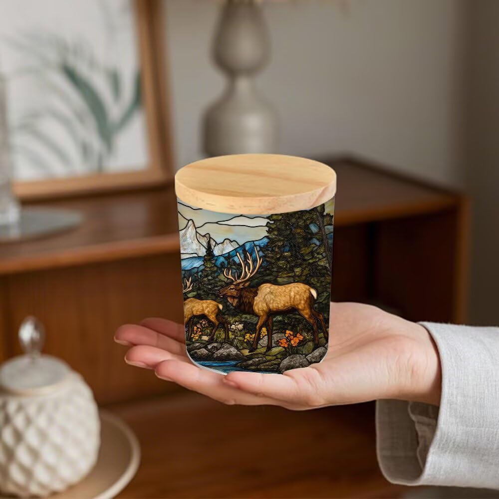 Stained Glass Elks Tea Light Candle Holders, Deer Tealight Candle Holder Jar with Wooden Lid, Pine Tree Votive Candlesticks for Table Centerpieces, Christmas,Birthday Party,Home Decor