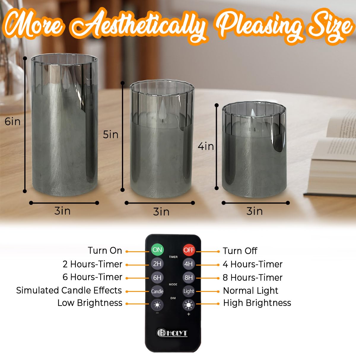 LEDHOLYT Rechargeable Flameless Candle, Flashing LED Pillar Real Wax Candle with Remote Control and Timer, Grey Stripes Glass Electronic Candles for Room Decoration, 1 Set of 3