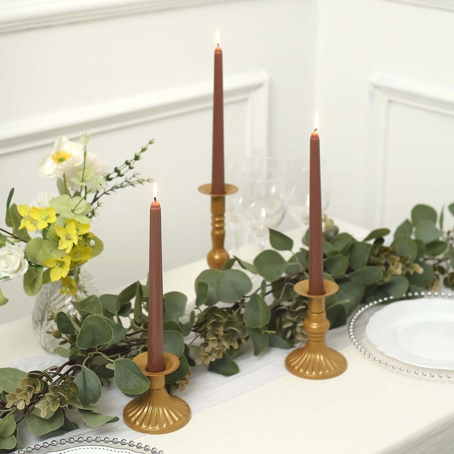 Tableclothsfactory 10" Tall Premium Quality Dripless Unscented Mocha Brown Taper Candles Wedding Dinner Candles for Wedding Decoration Set of 12