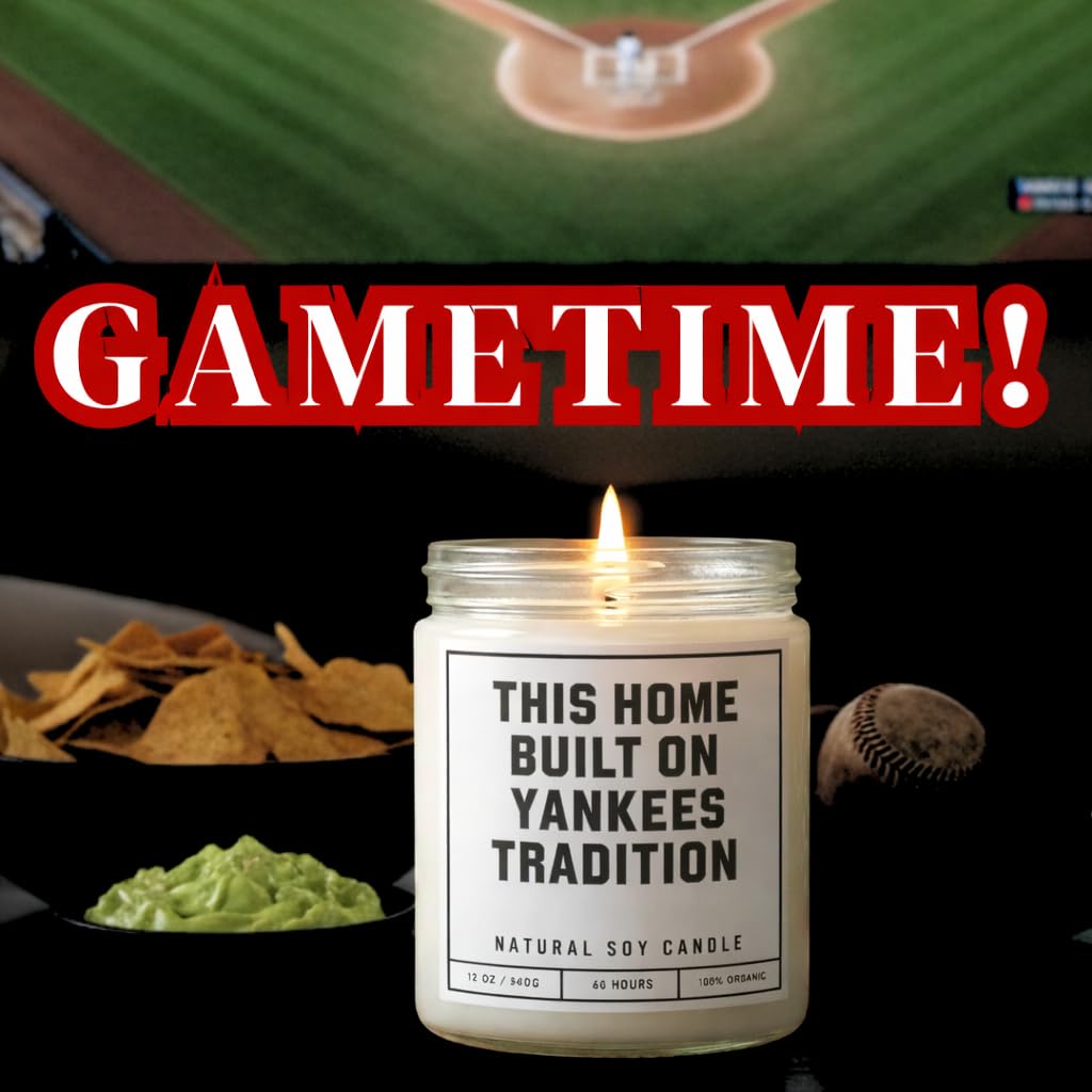 This Home Built on Yankees Tradition Sports Candle - Scented Soy Wax Candle (8.0 oz) 50-60 Hour Burn Time, Cotton Wick, Frosted White Glass Jar