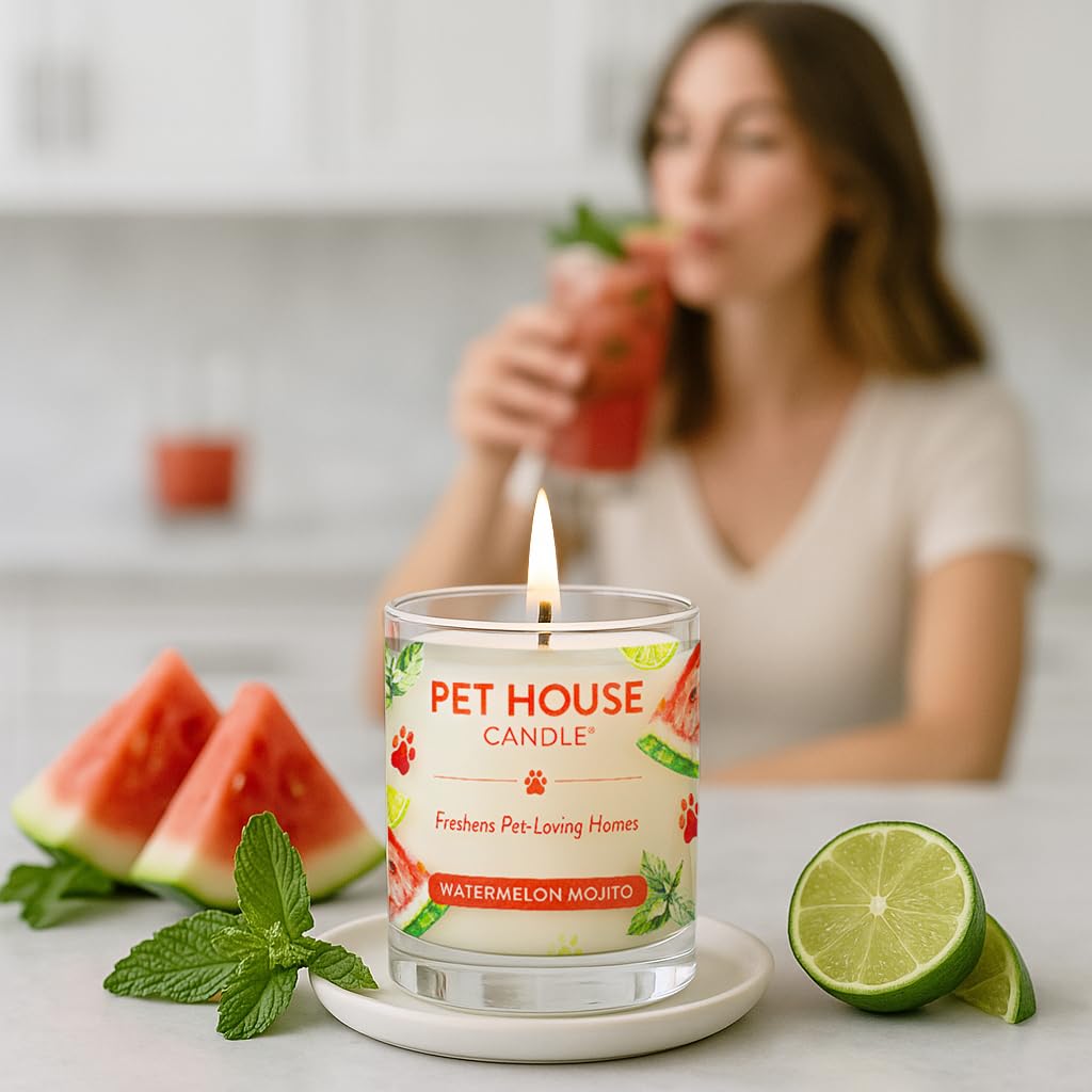 Pet House Candles, Soy-Based, Long Burning Scented Candles for Pet Homes, 60 Hour Burn Time - Watermelon Mojito, 9 oz