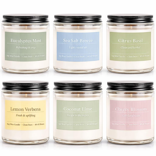 PELN Scented Candles for Women, Spring Summer 6 Pack Soy Wax Aromatherapy Candles, Lemon Verbena, Coconut Lime, Sea Salt Breeze, Citrus Basil, Eucalyptus Mint & Cherry Blossom