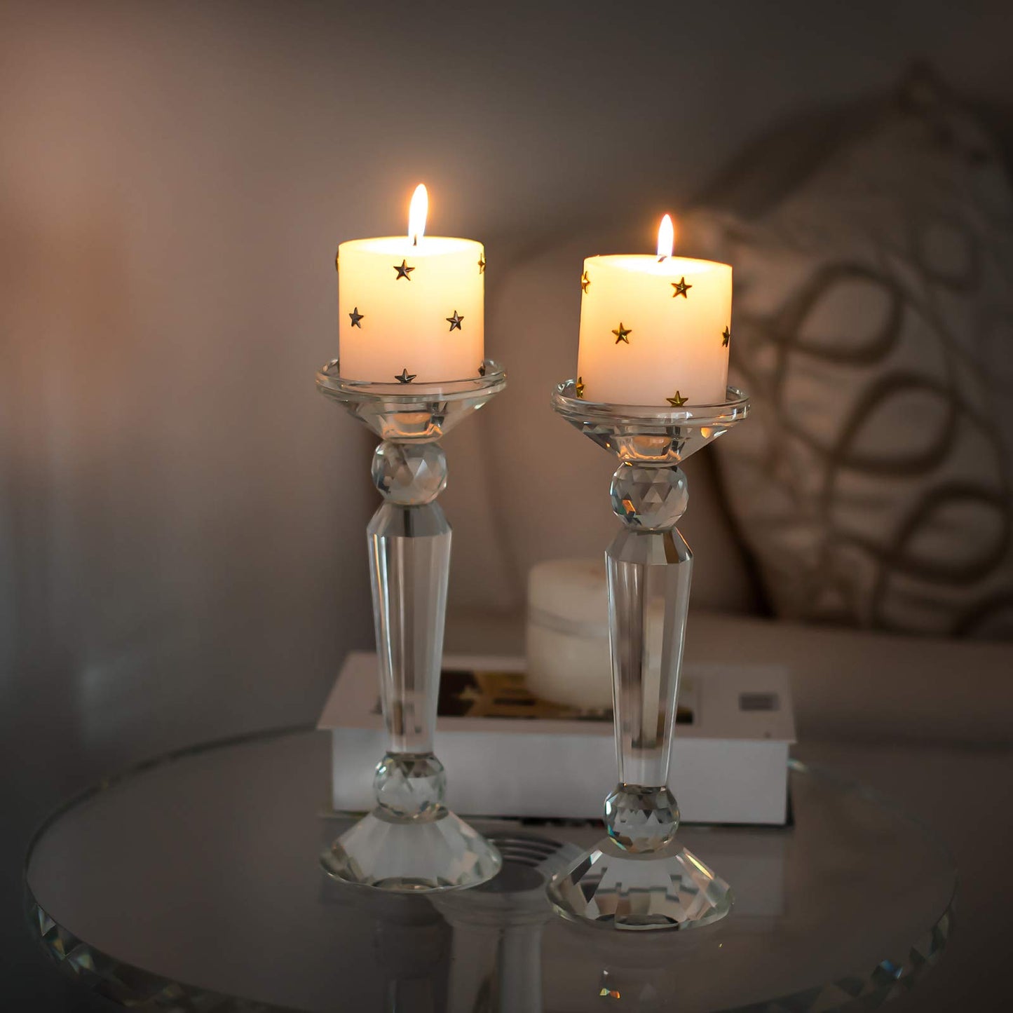 DONOUCLS Crystal Candle Stick Holders 2-Pack, Clear Crystal Taper/Pillar Candles Holder Table Centerpieces for Party and Wedding Decoration(10.6inches Tall)