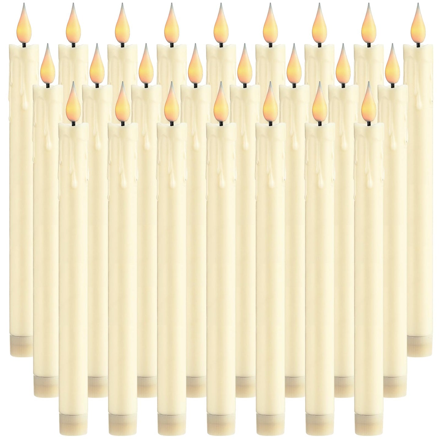 Baquler 24 Pcs 10 Inch Ivory Flameless Taper Candles LED Candle Sticks Battery Operated Flickering LED Candlestick Window Plastic Candle for Wedding Halloween Christmas Decor(No Battery)